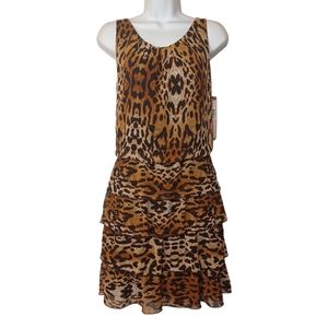 VOIR VOIR Leopard Animal Print Ruffle Sleeveless Mini Brown Dress 10 Medium NWT